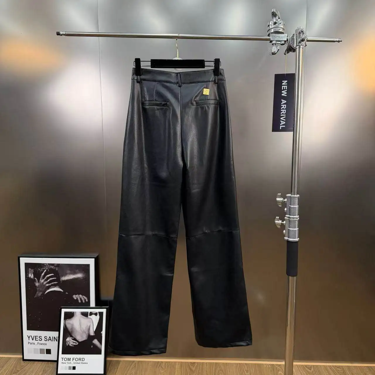 High Street Pants Women's Spring Metallic Keychain Black PU Leather Straight Slimming Versatile Wide-Leg Pants Casual Long Pants