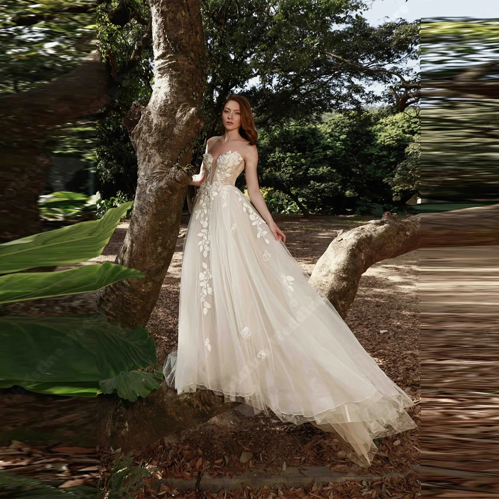 

Gracful Illusion Women Wedding Dresses Sexy Lace Applique A-Line Bridal Gowns Banquet Vestidos De Novias Floor Length Customized