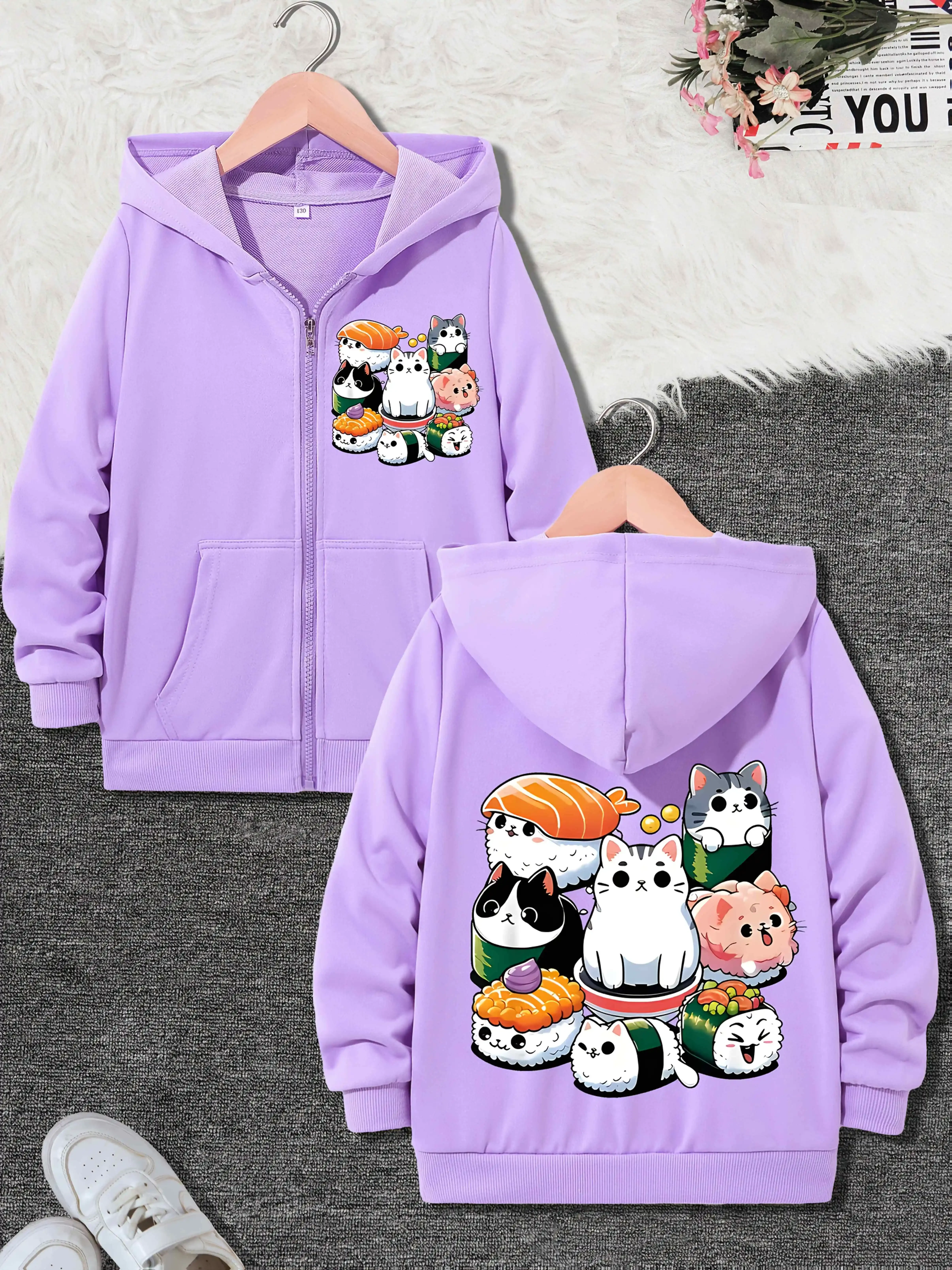 Boys Girls Black Cute Sushi Cat Zip Up Sweatshirt Hoodie Teen Zipper Athletic Jacket Food Casual Autumn Winter Tops