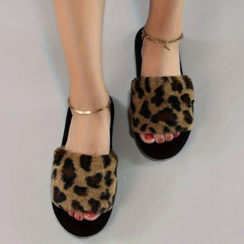 Leopard Print Plush Slippers For Women, Cozy & Warm Open Toe Soft Sole Shoes, Comfy Indoor Floor Fuzzy Slippers