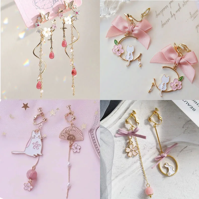 Kawaii Clip on Earrings No Piercing Cute Cat Butterfly Bunny Asymmetric Ear Clips Pink Sweet Sakura Style Ear Jewelry for Women