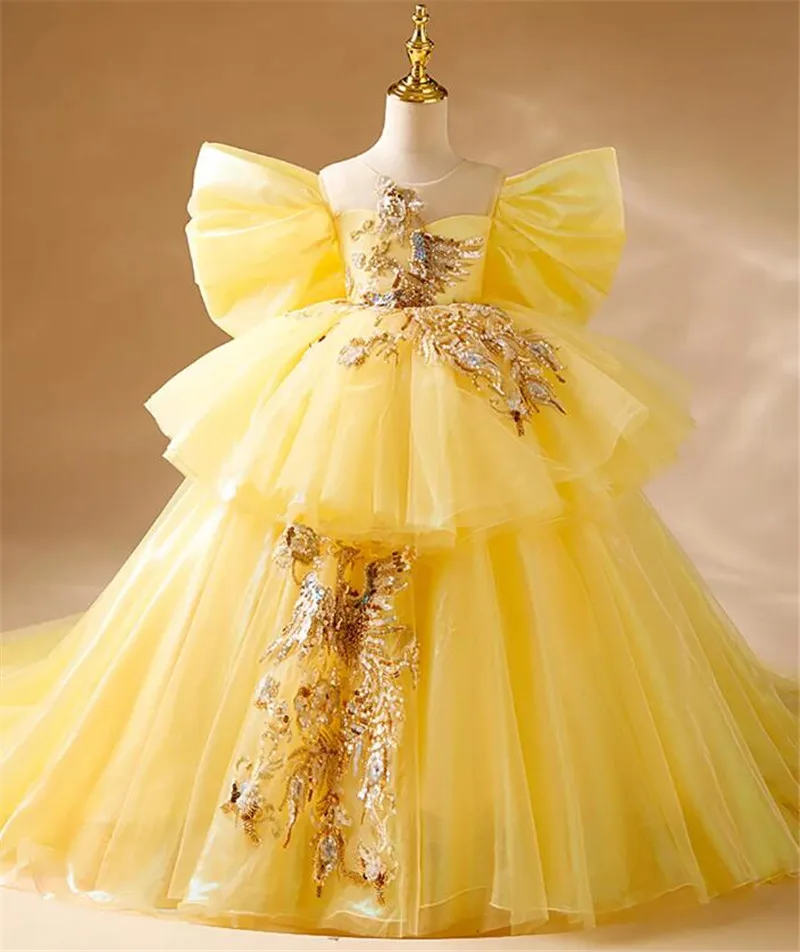 

Luxury Princess Flower Girl Dress Floral Embroidery Long Trailing Host'S Show Performance Teen Children Pageant Bown