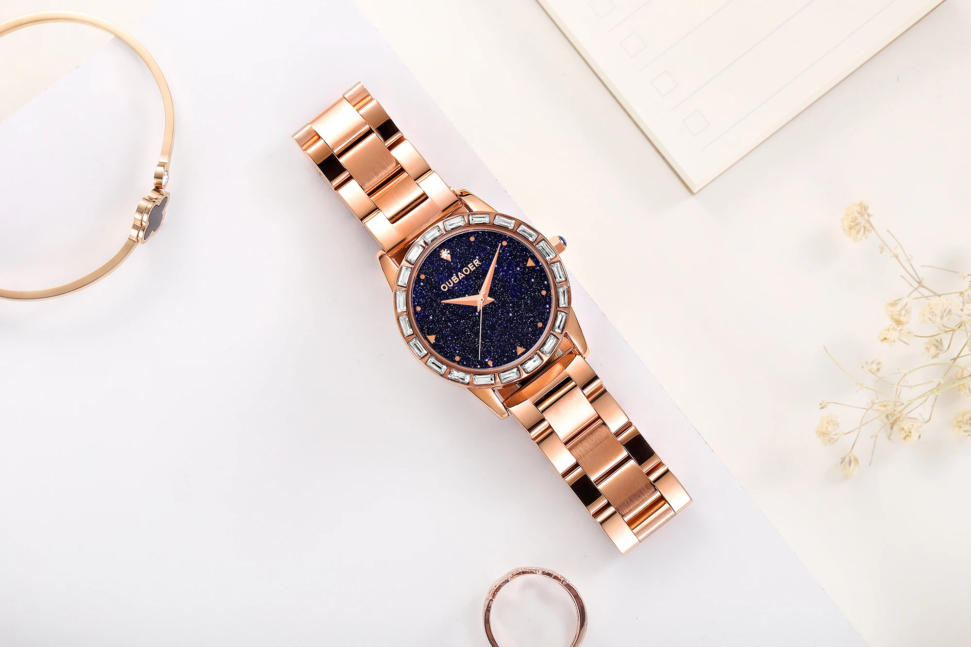 OUBAOER Women Quartz Wristwatch Dreamy Starry Sky Dial Stainless Steel Strap Daily Female Waterproof Ultra Thin Ladies Watch