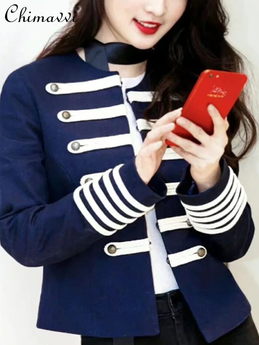 New Elegant Contrast Color Navy Style Short Coat 2024 Spring Autumn New Fashion Round Neck Long Sleeve Women\'s Jackets Tops