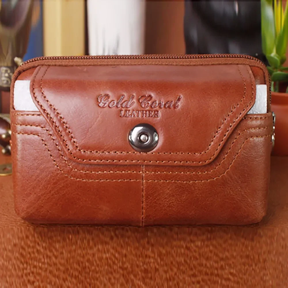 Genuine Real Leather Coin Purse Mobile Phone Case Cover Skin Belt Waist Bag Travel Men First Layer Cowhide Hip Bum Fanny Pack