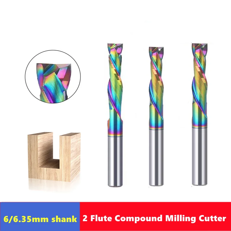 

6/6.35mm Shank 2 Flute composite milling cutter, DLC Coating Carbide woodworking acrylic carving spiral cutting head End Mill