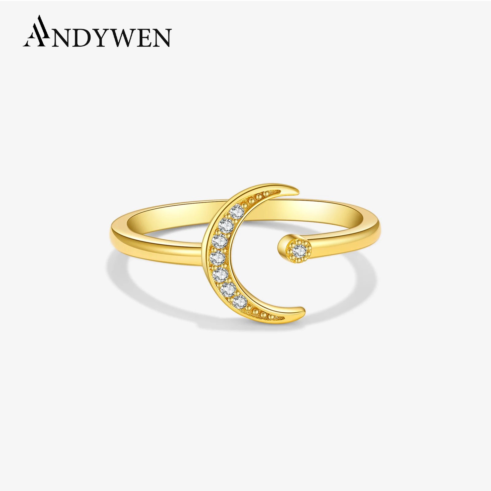 ANDYWEN 925 Sterling Silver Gold Moon CZ Love Resizable Women Rings Adjust Women luxury Fine Jewelry Simple Crystal Jewel