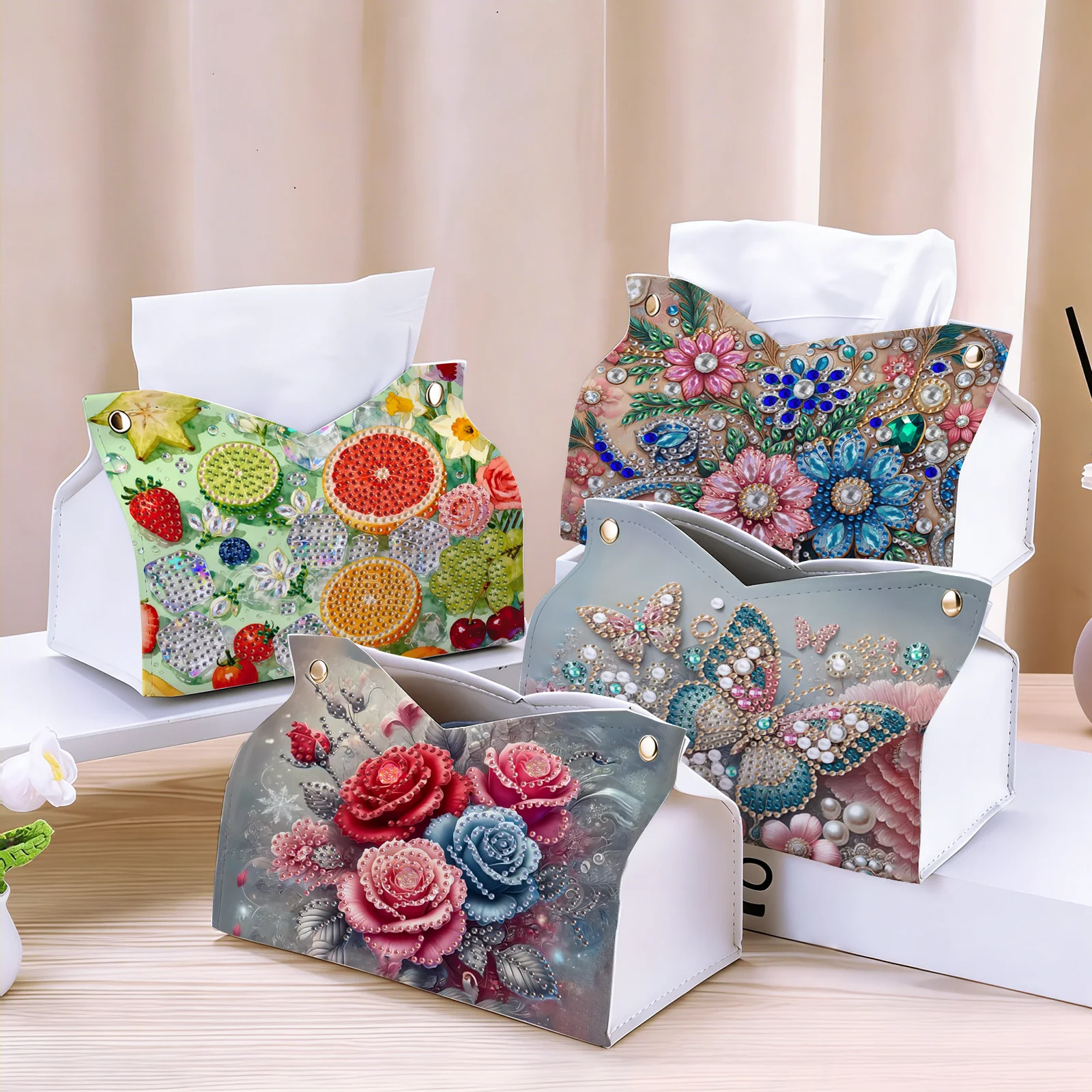 1-Piece Set of Diamond Painting Kit Tissue Box Flower Pattern PU Leather Material Home Office Decoration, Creative Holiday Gifts