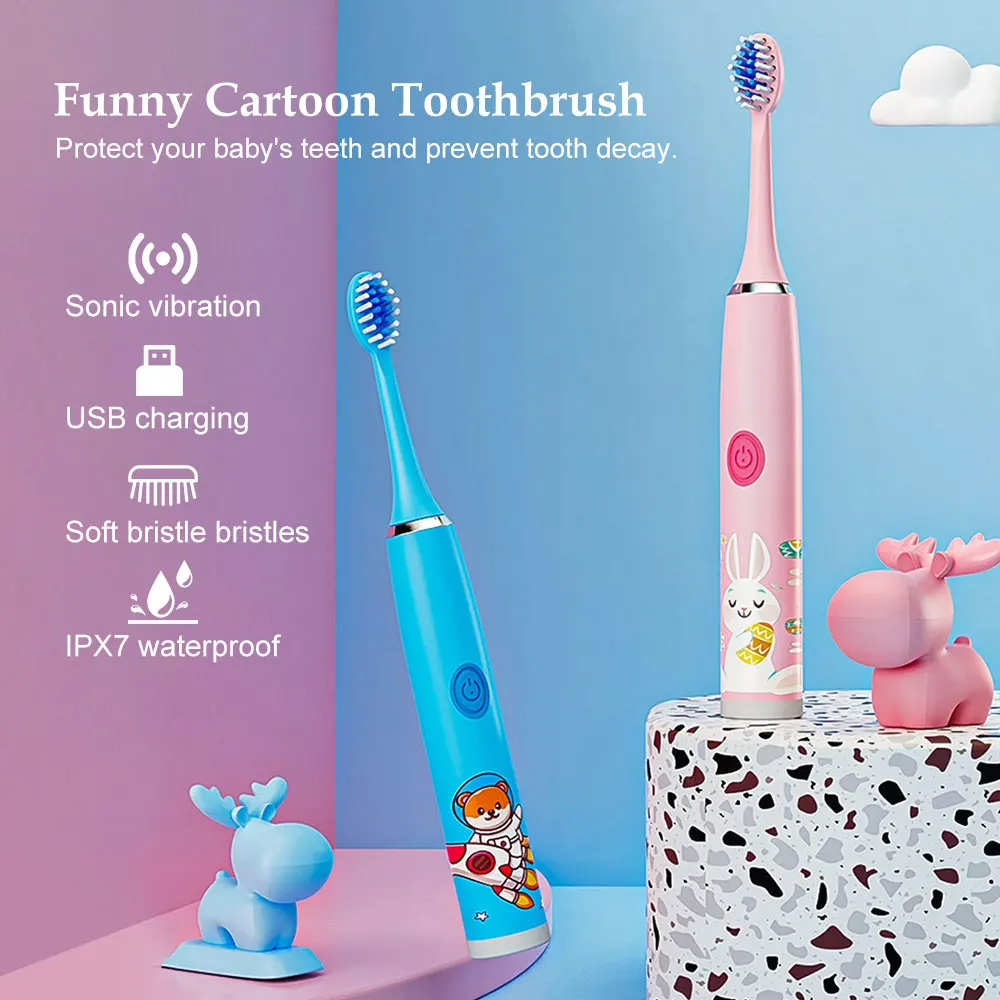 Child's USB Sonic Electric Toothbrush Rechargeable Colorful Cartoon Brush Kids Automatic IPX7 Waterproof With Replacement Heads