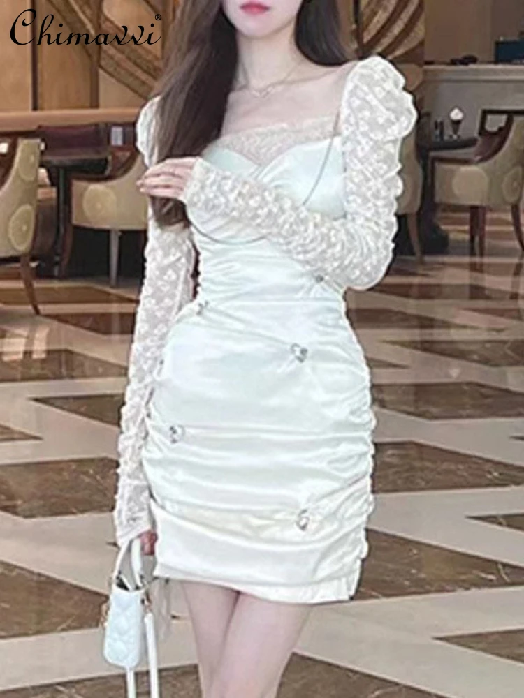 

Solid Color Long Sleeve Square-Neck High Waist Women's Lace Dress 2023 Spring Autumn Fashion Pleated Backless Slimming Dress