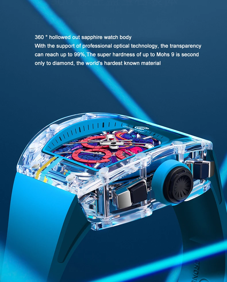 CRONUSART Orologio cronografo da uomo 50MM Tonneau Orologio da polso meccanico Cassa in zaffiro Cinturino in gomma fluorurata luminosa Grandi finestre triple