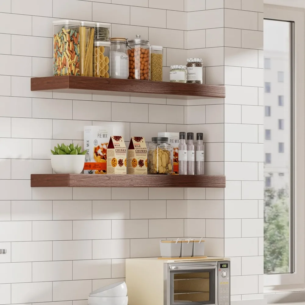 

32 Inch Walnut Floating Shelves, 8 Inch Deep Floating Shelves Wall Mounted, Thick Wooden Shelf