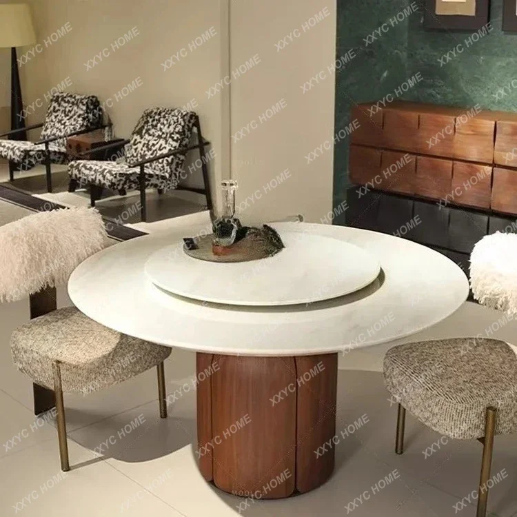 

HNew arrive Medieval natural marble dining table and chair combination household small apartment solid wood round table with tur