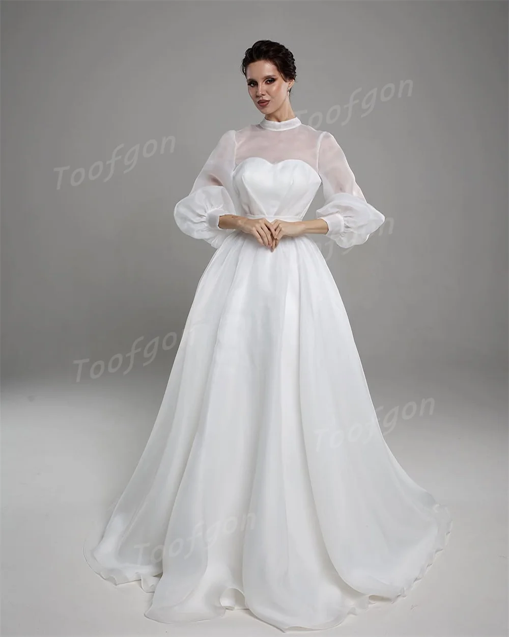 Toofgon สาย Organza ที่กําหนดเองชุดแต่งงานเจียมเนื้อเจียมตัวยาวพัฟแขนชุดแต่งงานเจ้าสาวการถ่ายภาพชุด