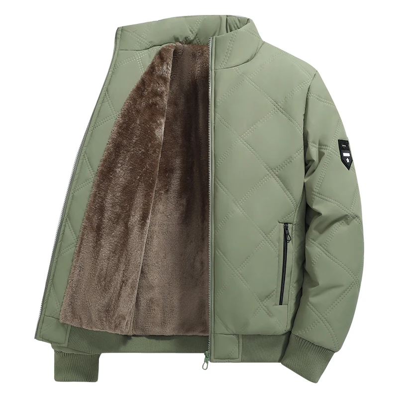 

2025 New diamond-shaped cotton jacket for men, a winter thickened and fleece stand-up collar cotton jacket for warmth and cold