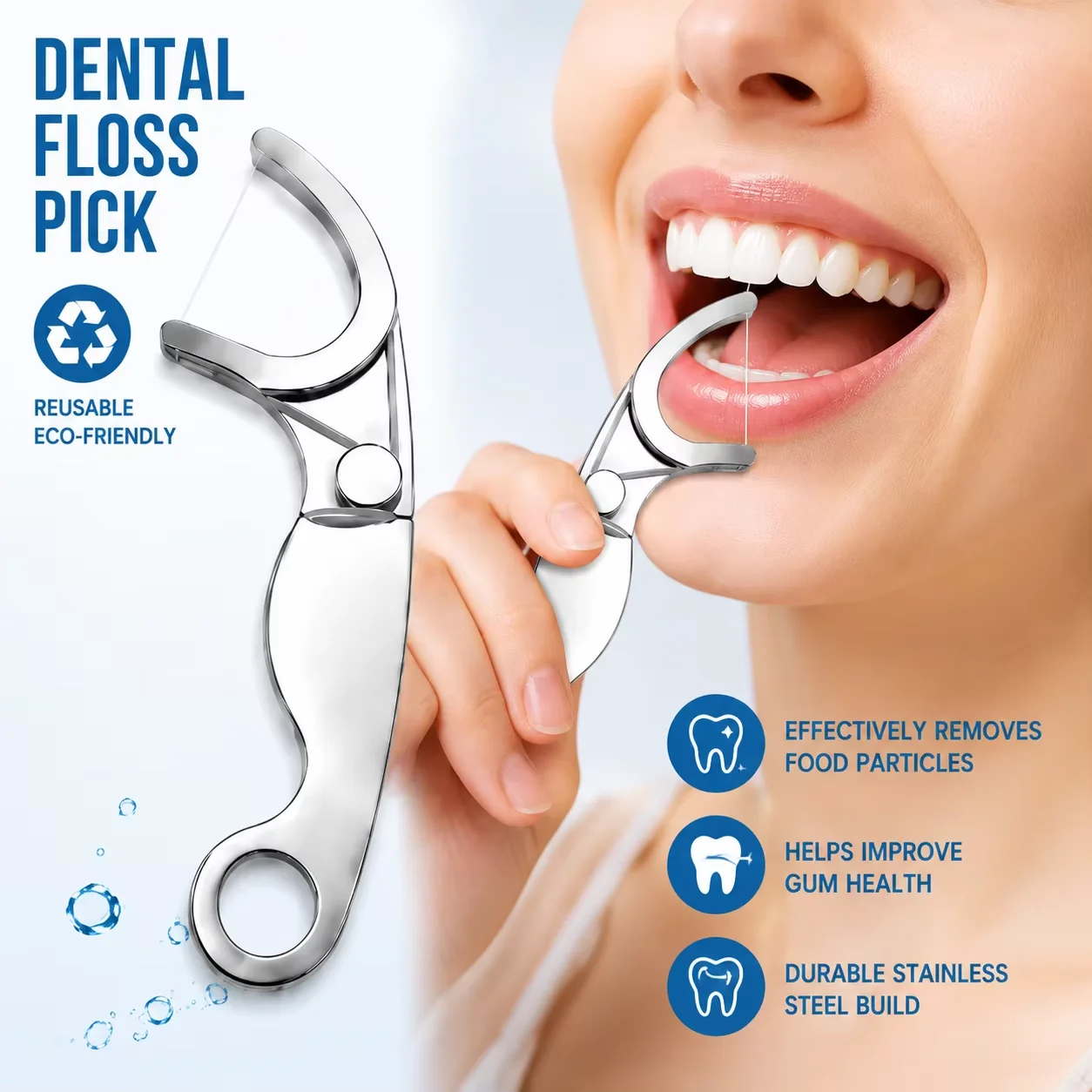 Stainless steel floss holder with 50 m floss roll, ergonomically designed reusable metal floss handle，1/2/5