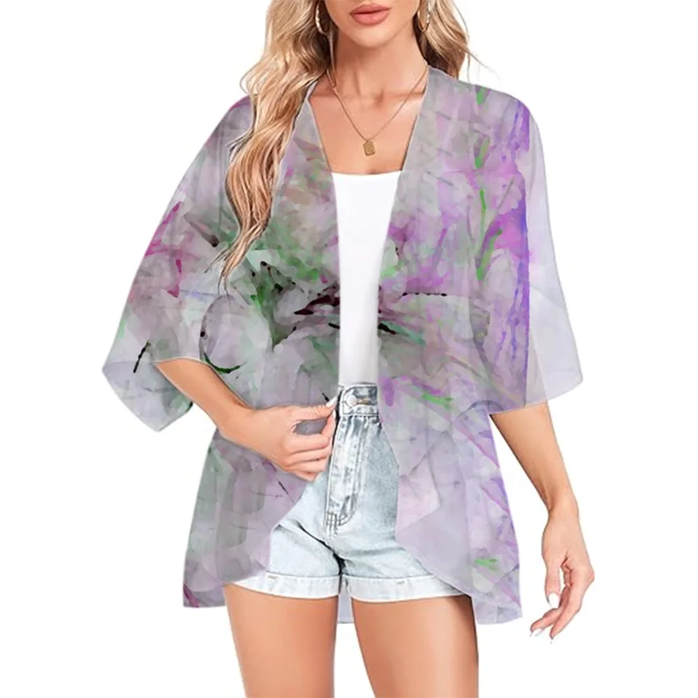 Swimwear 2024 Women's Kimono Cardigan Tulle Floral Printed Loose Long Kimono Women's Beach Cover Up Top Holiday Casual Sexy