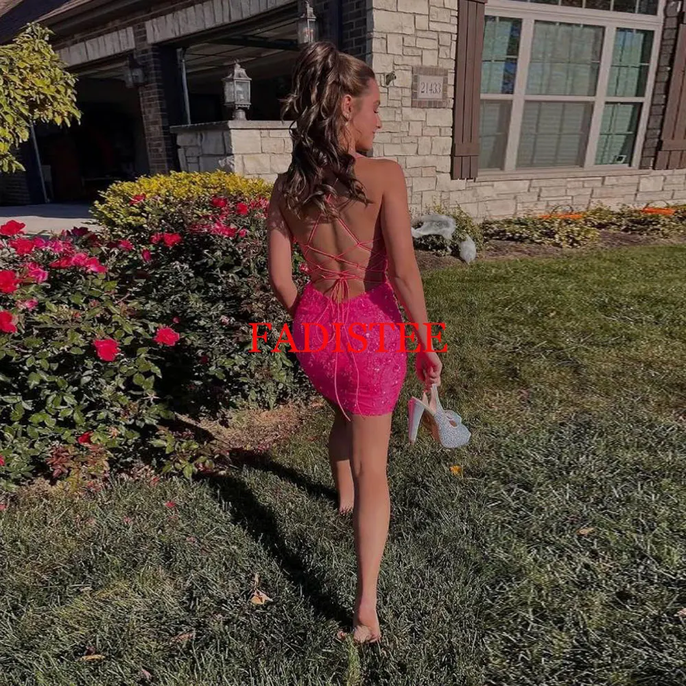 Customize Sequins Homecoming Dresses Short Sparkly Tight Prom Dress Spaghetti Straps Cocktail Evening Party Gowns Robe De Soirée