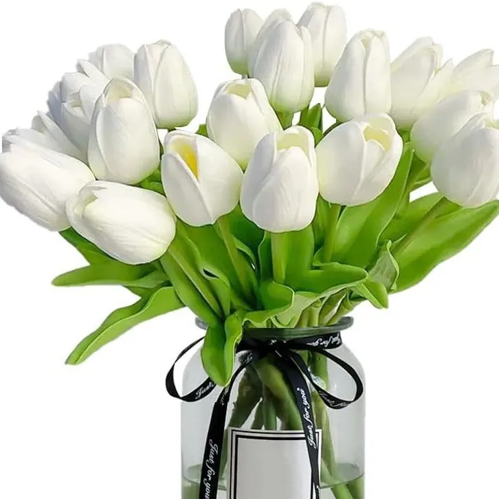 12 Stück Realistische Künstliche Tulpen-Blumensträuße - Naturgetreue Mehrblütige Tulpen mit Blattwerk, Hochzeits-/Muttertags-Dekoration – Detail 2