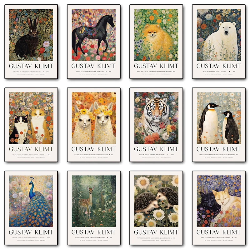 Gustav Klimt Nordic Flower Animal Peacock Llama Royal Bengal Tiger Lion Retro Poster Canvas Painting Wall Art Picture Home Decor