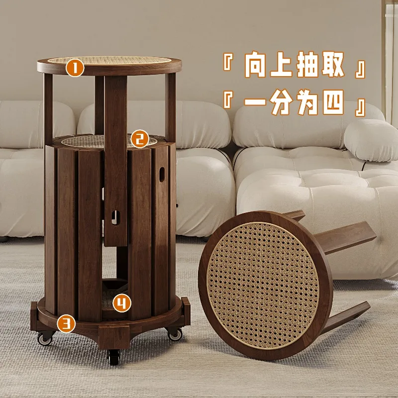 Solid wood stacked stool household stackable round stool medium antique rattan combination stool coffee table spare stacked dini