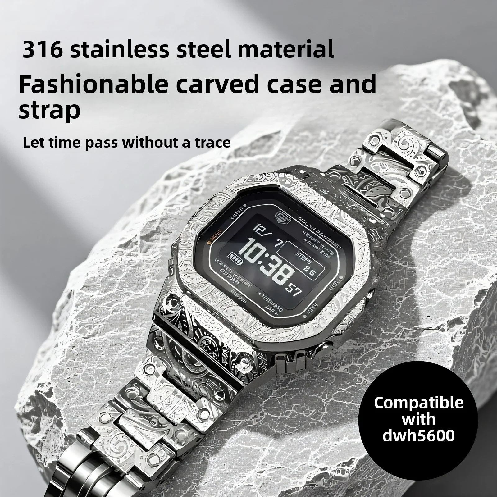 Vintage engrave Mod kit For Casio DW-H5600 DW H5600 modification Stainless Steel Metal Watch Case+Watch Strap Men's Accessories