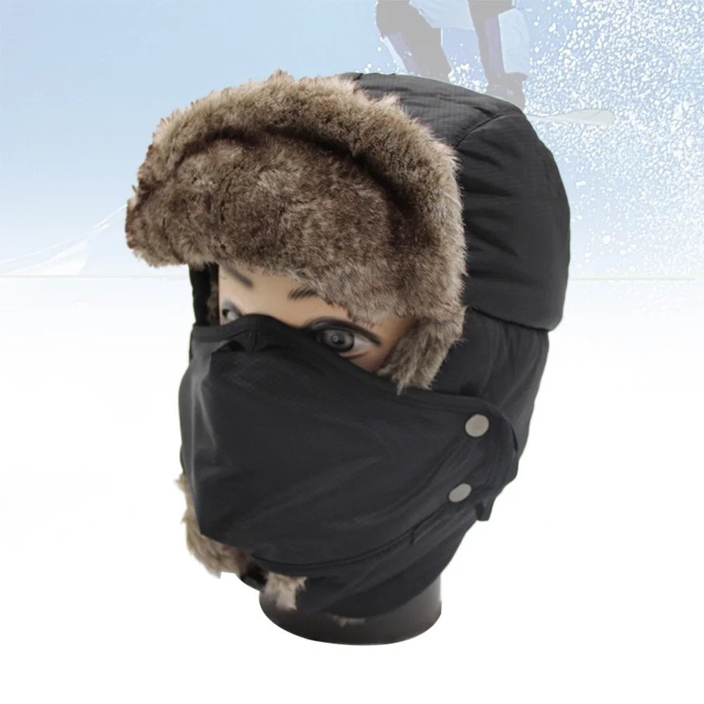 

3 in 1 Unisex Winter Ski Hat Thick Cotton Trapper Hat Ear Cover Mask Windproof Outdoor Cold Protection (Black Brown)