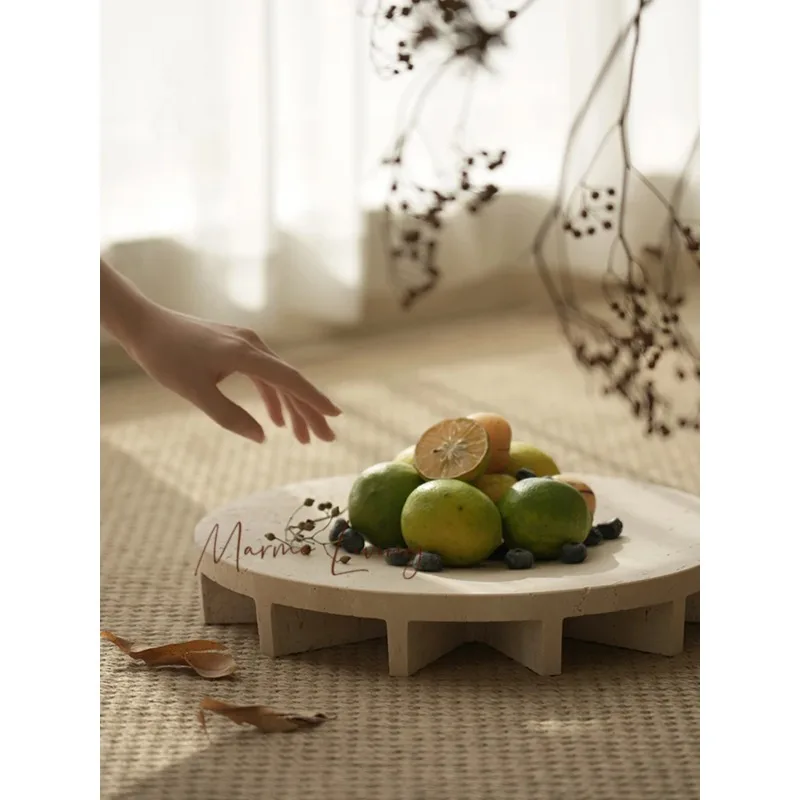 Decorative Marble Tray for Fruit Salad Bread Vintage Travertine Pedestal Bowl for Kitchen Counter and Table Decor