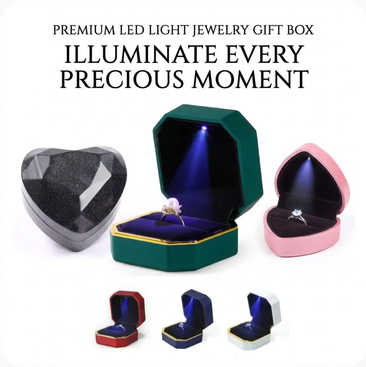 Heart Shaped LED Light Jewelry Ring Box Luxury Velvet Double Ring Necklace Gift Packaging Display Case for Proposal Engagement