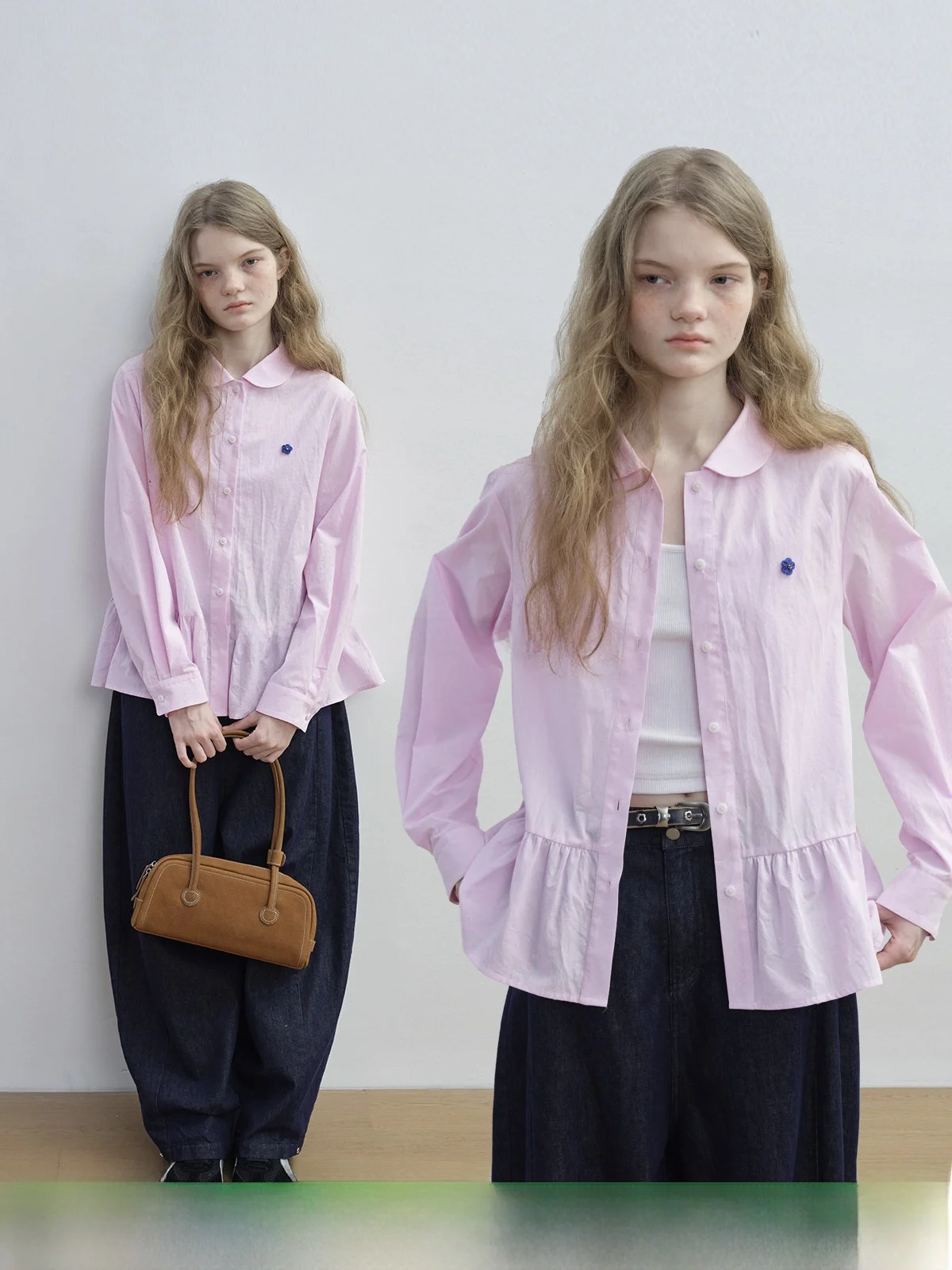 

KOKOASOKO 0224 2000 New 92 Embroidered Doll Collar irt Casual Loose Fit Cotton Long Sve Women's Breathable Spring irt