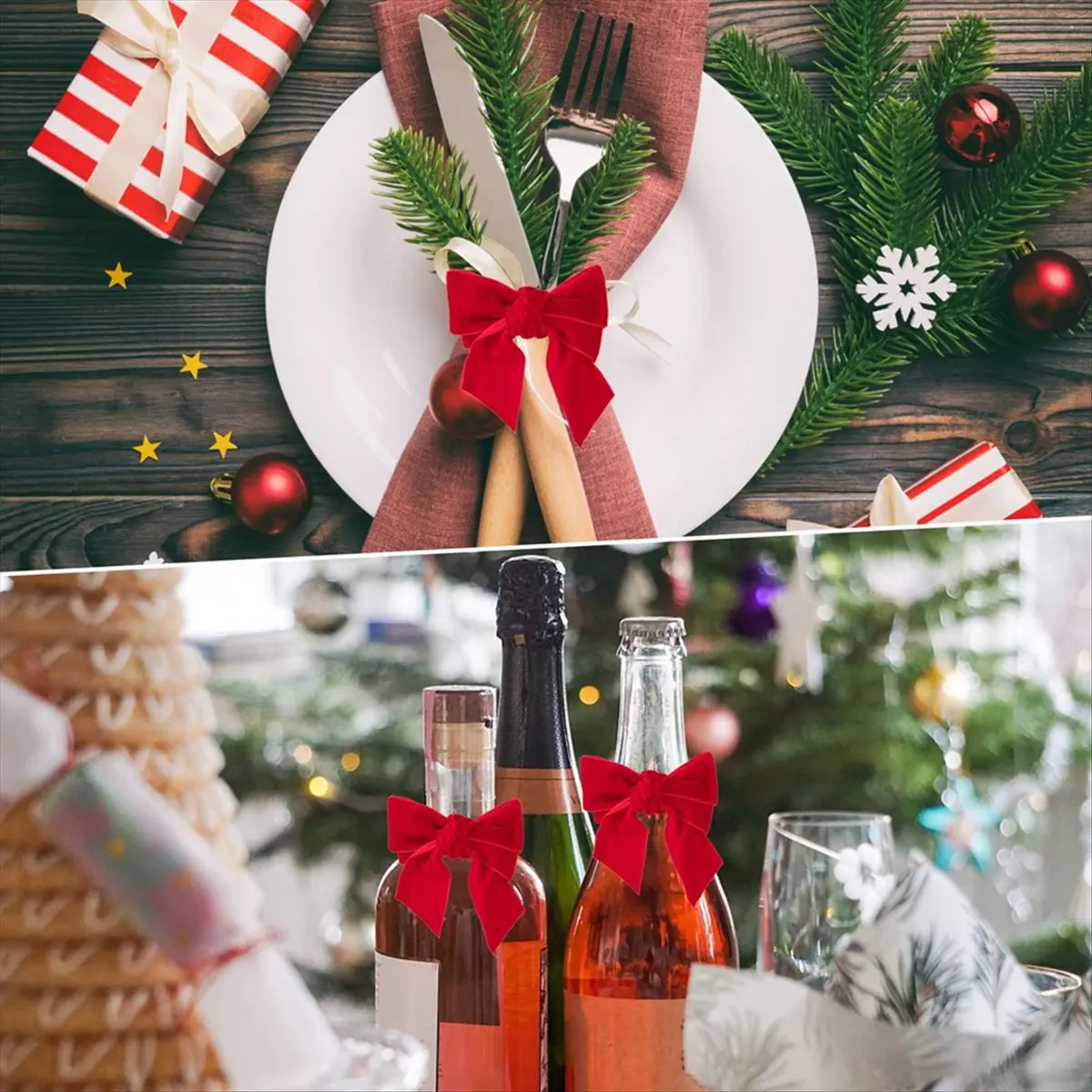 ABFW 6Pc Red Bow Xmas Napkin Holder Rings Chic Flannel Napkin Buckle for Birthday Party Wedding Dining Table Decoration