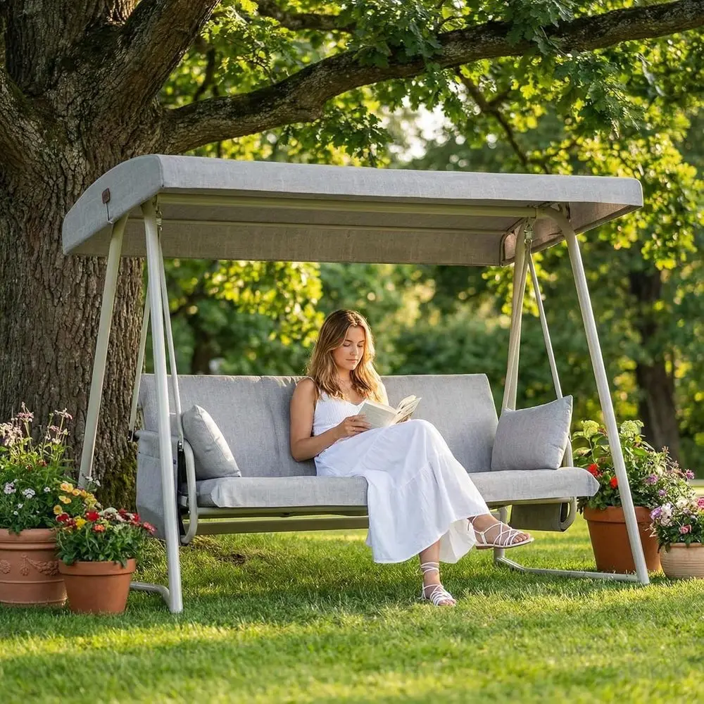 

Сверхмощная 3-местная качели для улицы с подставкой и дождевиком