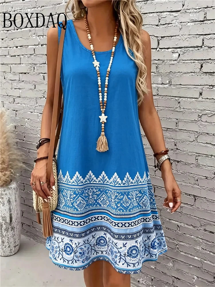 6XL Plus Size Sundress Sleeveless O-Neck Vest Dress Women Summer Casual Floral Mini Loose Dresses Summer Fashion Clothes