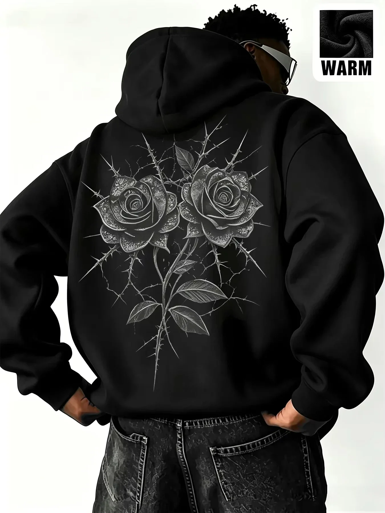 Men’s Rose Thorn Graphic Hoodie Floral Tattoo Back Print Loose Fit Streetwear Pullover Autumn Winter Fleece Lined
