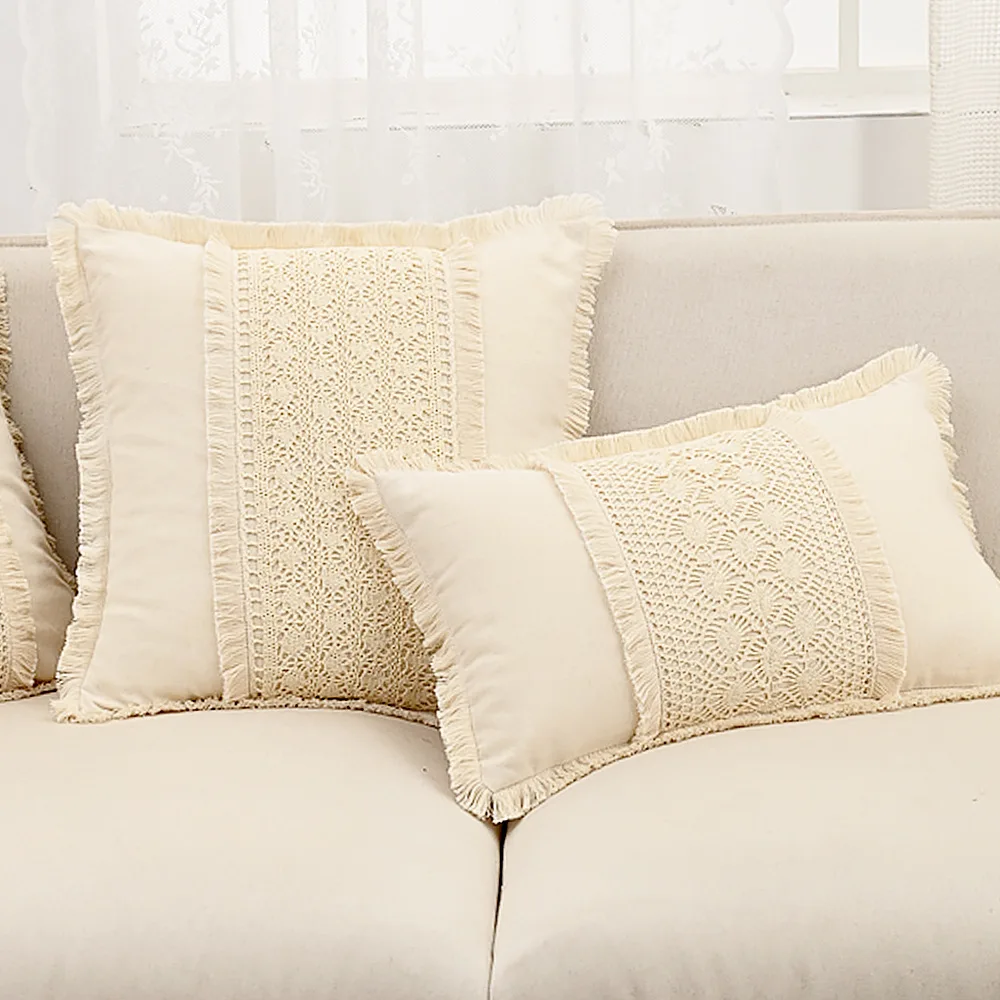 

Bohemian Cotton Linen Crochet Cushion Cover Beige Vintage Tassel Edge Decorative Pillow Cover Home Sofa Decorative Pillow Cover