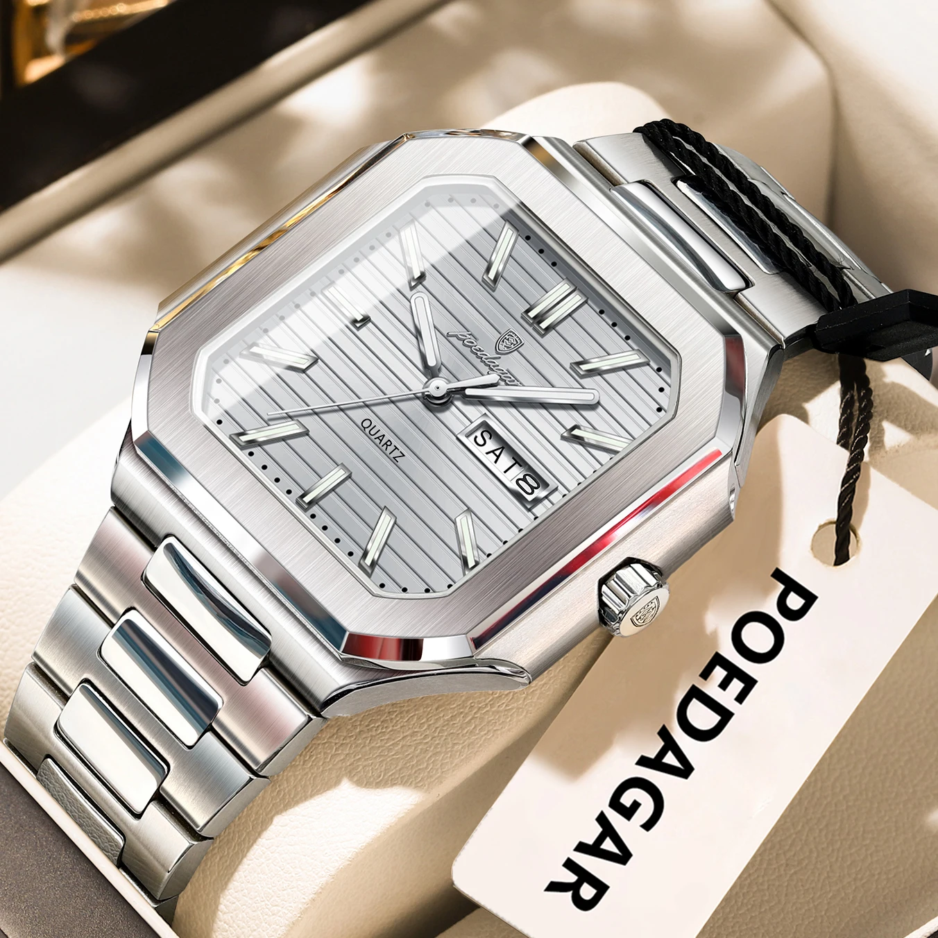 POEDAGAR Square Fashion Man Wristwatch Waterproof Luminous Date Week Quartz Men's Watches Stainless Steel Luxury Men Watch Reloj image 3