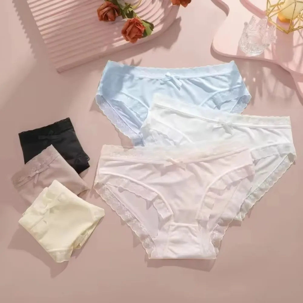 Stretchy Seamless Ice Silk Panties Cotton Crotch Mid Waist Lace Bow Briefs Underwear Intimate Women's Summer Panties Lady