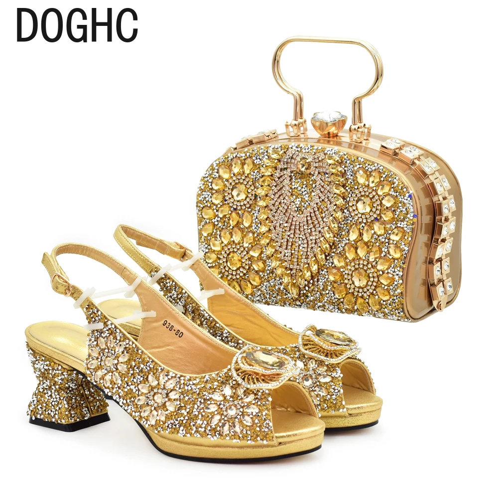 

New Arrival Africa Shoe and Bag Set Decorated with Rhinestone Matching Bag and Shoes for Ladies Wedding Elegant Lady Party Pumps