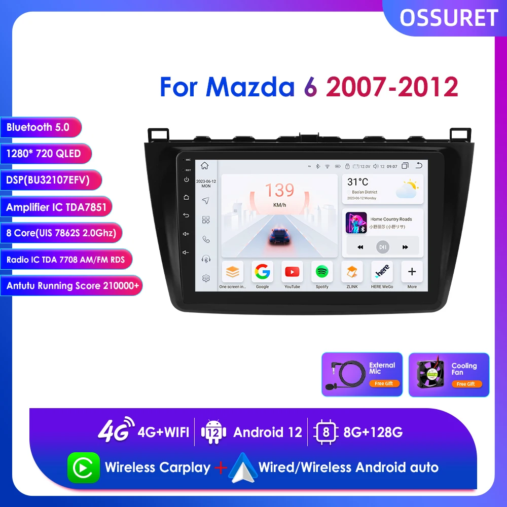 

8G+128G 9" Android Auto Radio Wireless Carplay for Mazda 6 2007-2012 Car Multimedia Player GPS Navigation RDS BT DSP SWC 2din 4G