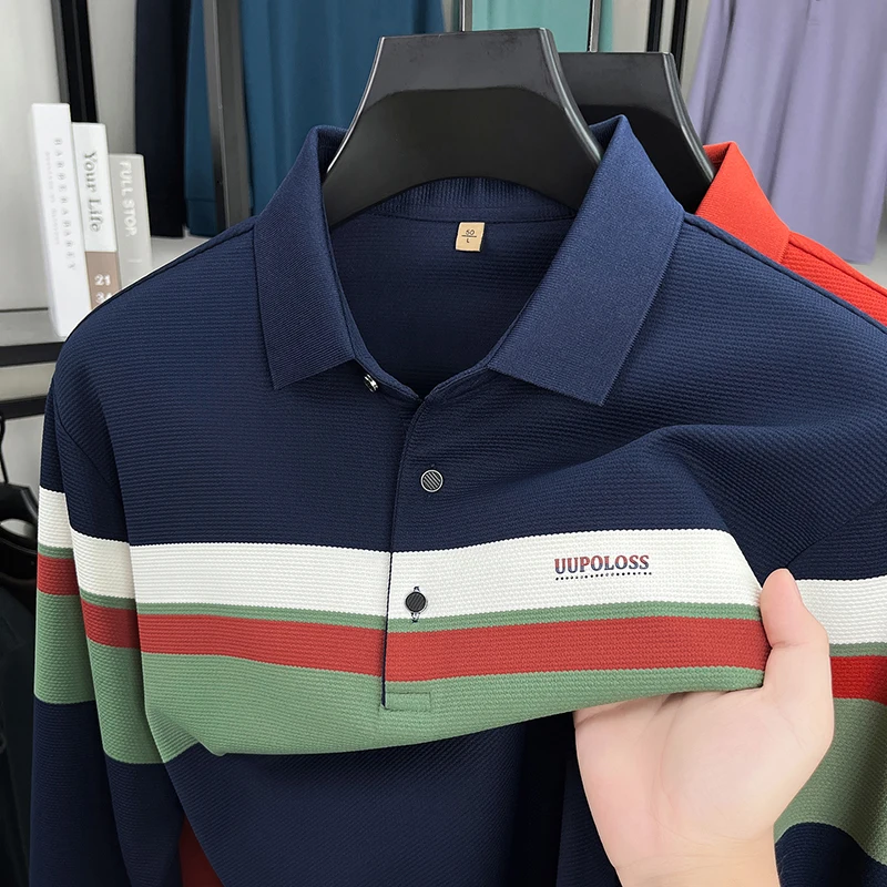 

High end brand men's long sleeve polo shirt autumn fashion stripes letter design original boutique golf casual business T-shirt