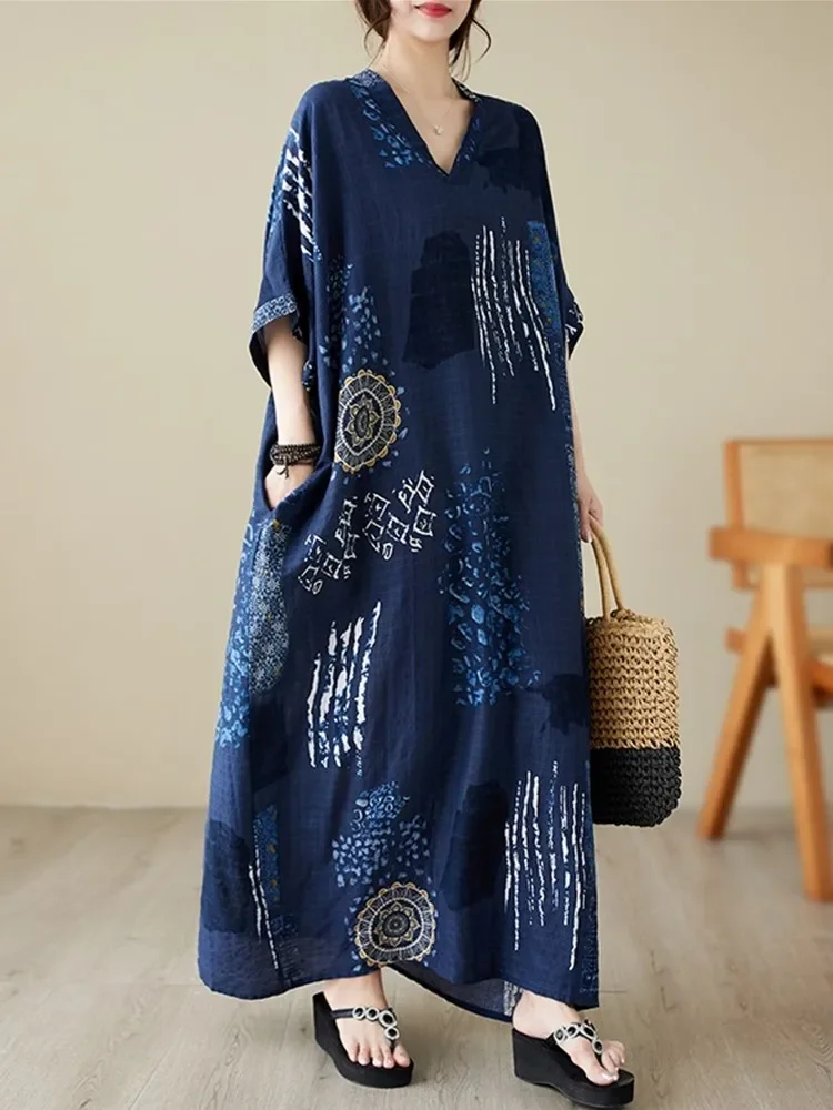 

Short Sleeve Vintage Floral New in Dresses for Women Casual Loose Maxi Long Summer Beach Dress Elegant Clothing 2025 E7064