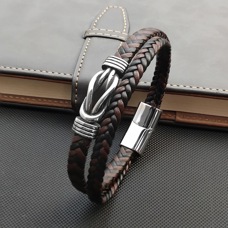 Trendy Creative Leather Bracelet Simple Ethnic Style Stainless Steel Mixed Multi-Layers Braided Graphic Men's Bracelet Jewelry