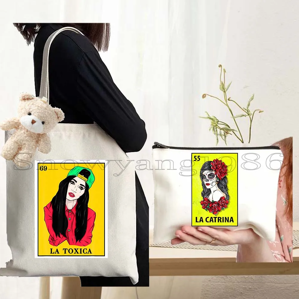 3 piezas El Catrin Muertos Tarot ESTRELLA SIRENA Luna ROSA LA BANDERA Bolsa de lona para compras con diseños de Lotería Mexicana y Bingo, ideal para regalos