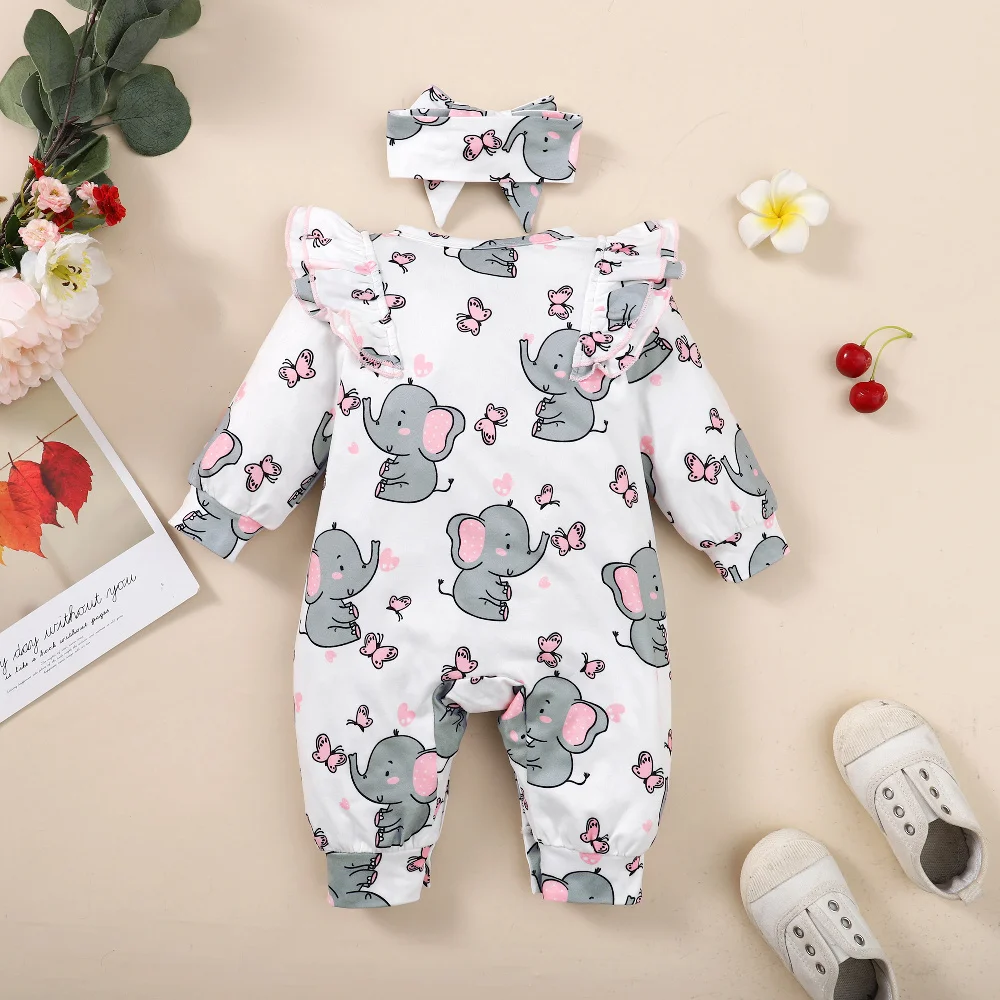 0-18Months Rompers for Newborns Long Sleeve Baby Girl Jumpsuit Cute Elephant Print Infant Baby Bodysuit Toddler Girl Clothes