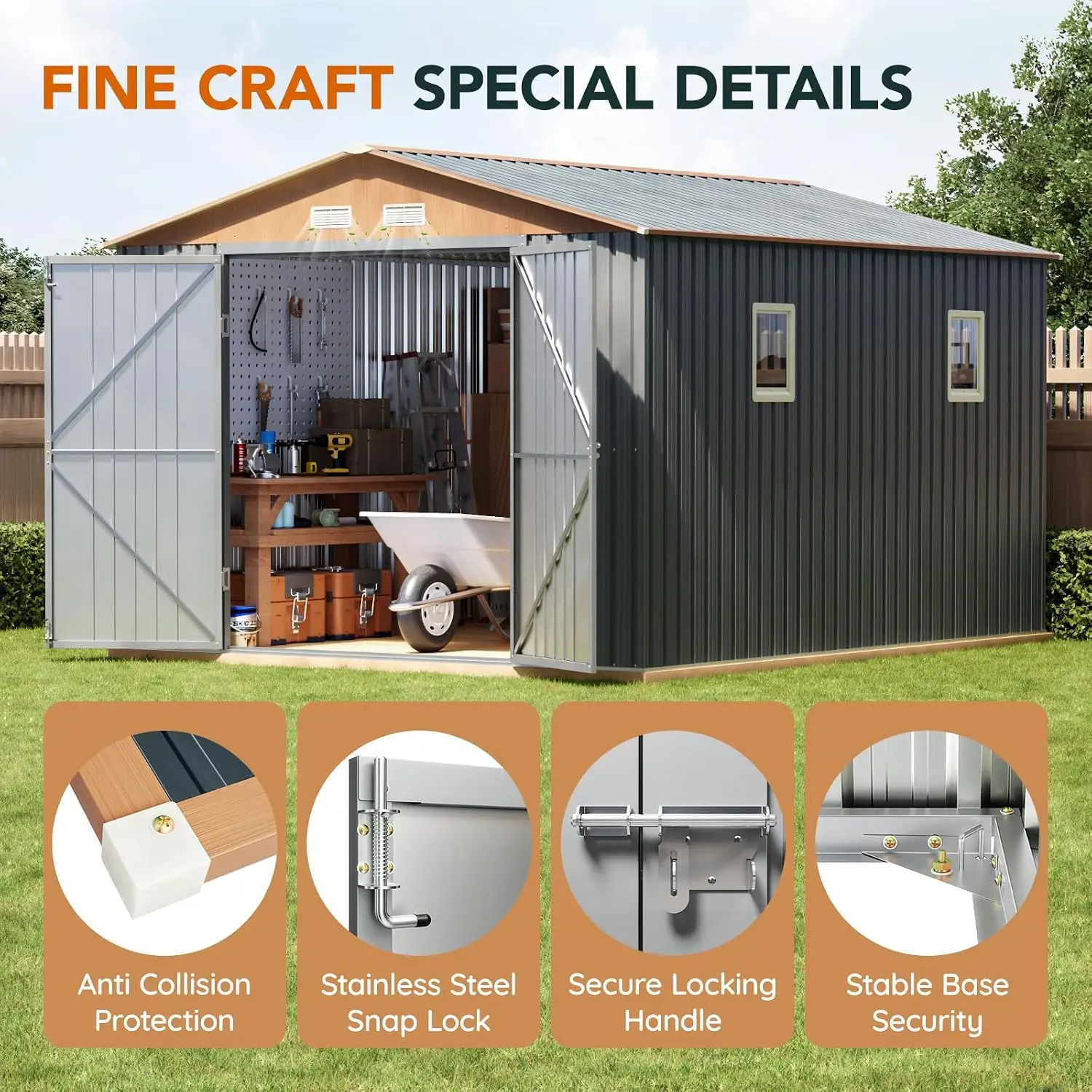 10x12x7.4FT Outdoor Storage Shed with Lockable Large Doors, Matte Gray, Custom - view 5