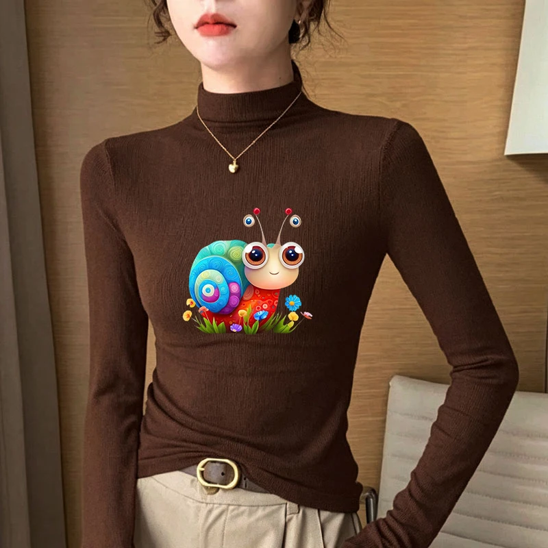 Winter Women's Thermal Brushed Fleece Half Mock Neck Long Sleeve T Shirt Colorful Cartoon Snail Flowers Graphic Warm Tee