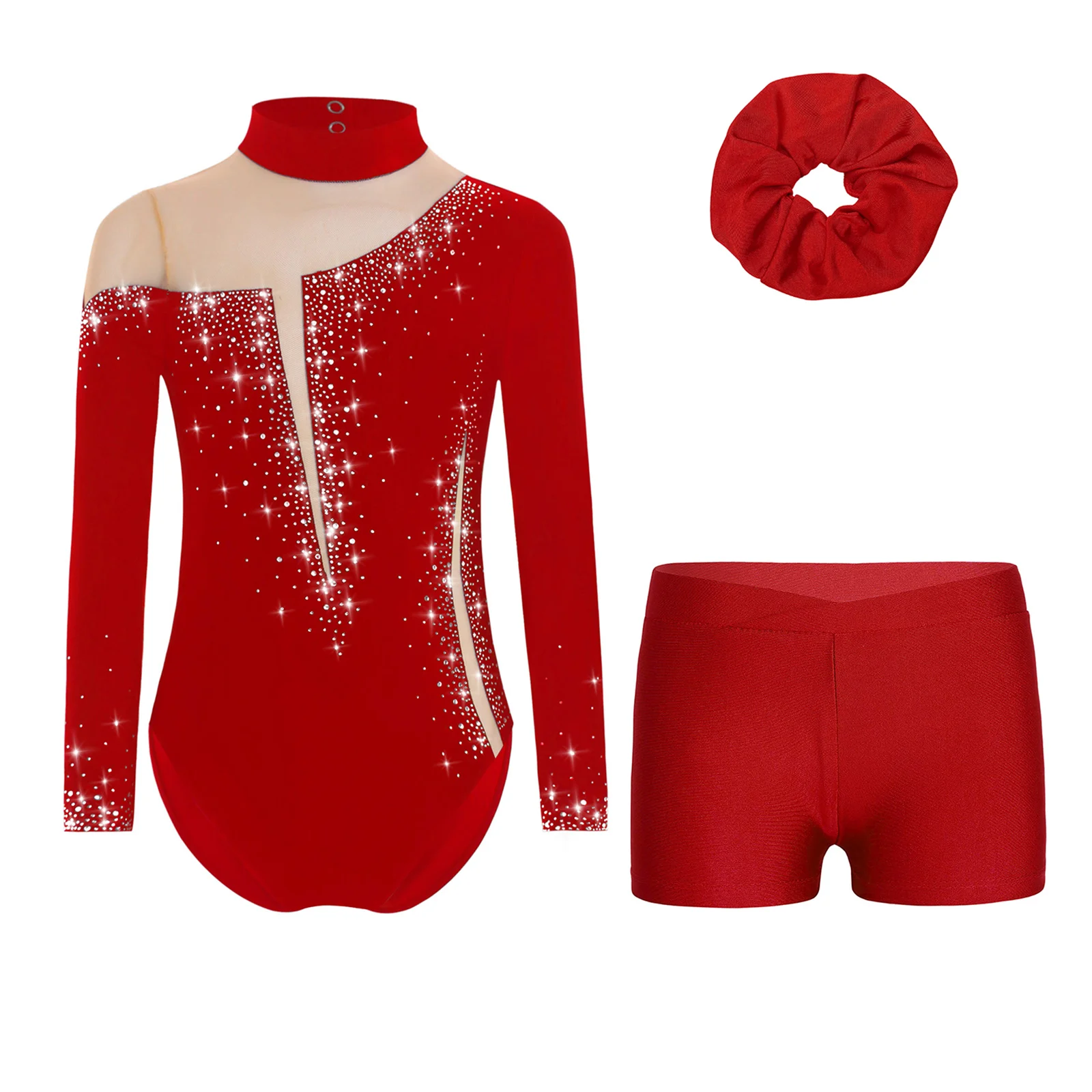 Justaucorps de gymnastique Tutu de Ballet à manches longues pour enfants + short + bandeau de cheveux tenues pour filles strass combinaison de patinage ensemble de Performance