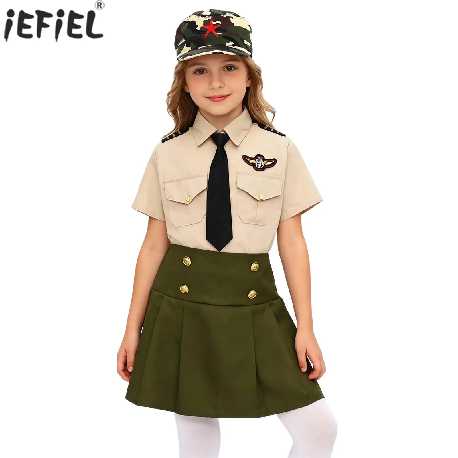 Kids Boys Girls Solider Military Uniforms Clothing Military Training Camp Outfit Short Sleeve Shirt Top with Pants Skirt Cap Tie