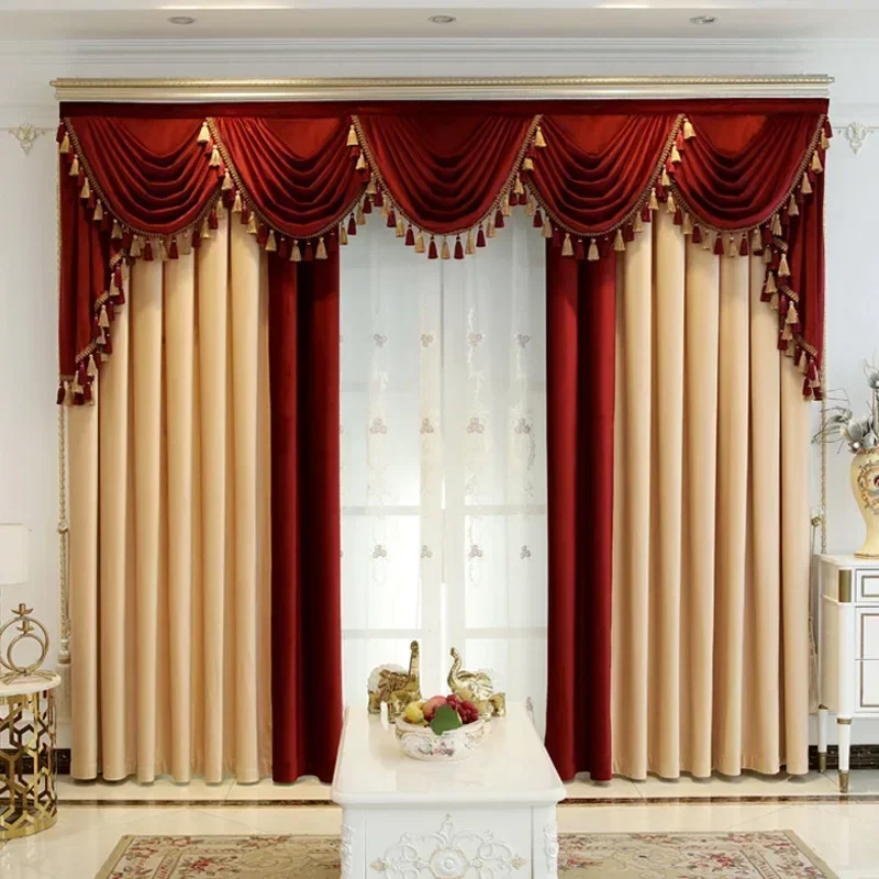 

Luxury Velvet Burgundy Patchwork Beige High Shading Celebration Wedding Room Customized Curtains for Living Dining Room Bedroom