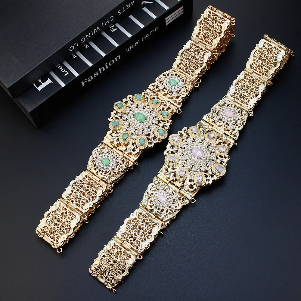 Sunspicems Chic Morocco Caftan Belt Arabic Women Dress Belt Gold Color Mint Green Pink Crystal Bride Wedding Jewelry Body Chain